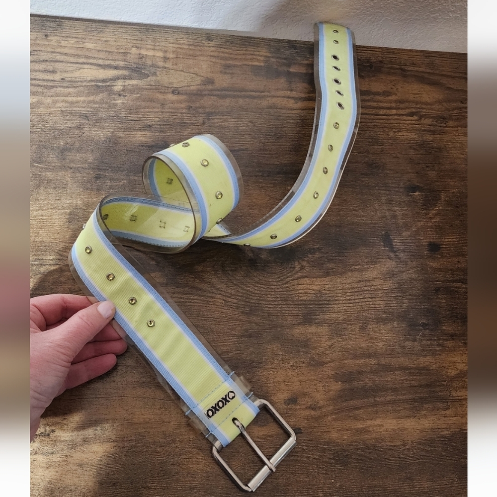Vintage 80s XOXO Neon Stripe Vinyl Belt Small  Statement Waist Belt - Picture 2 of 4